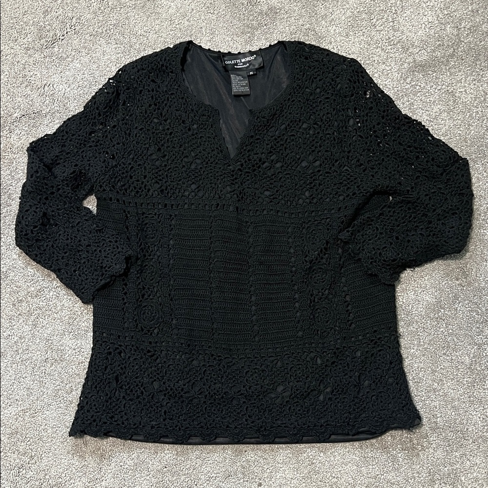 Vintage Colette‎ Mordo Women's Black Crochet Boho Lined Shirt Size Medium
